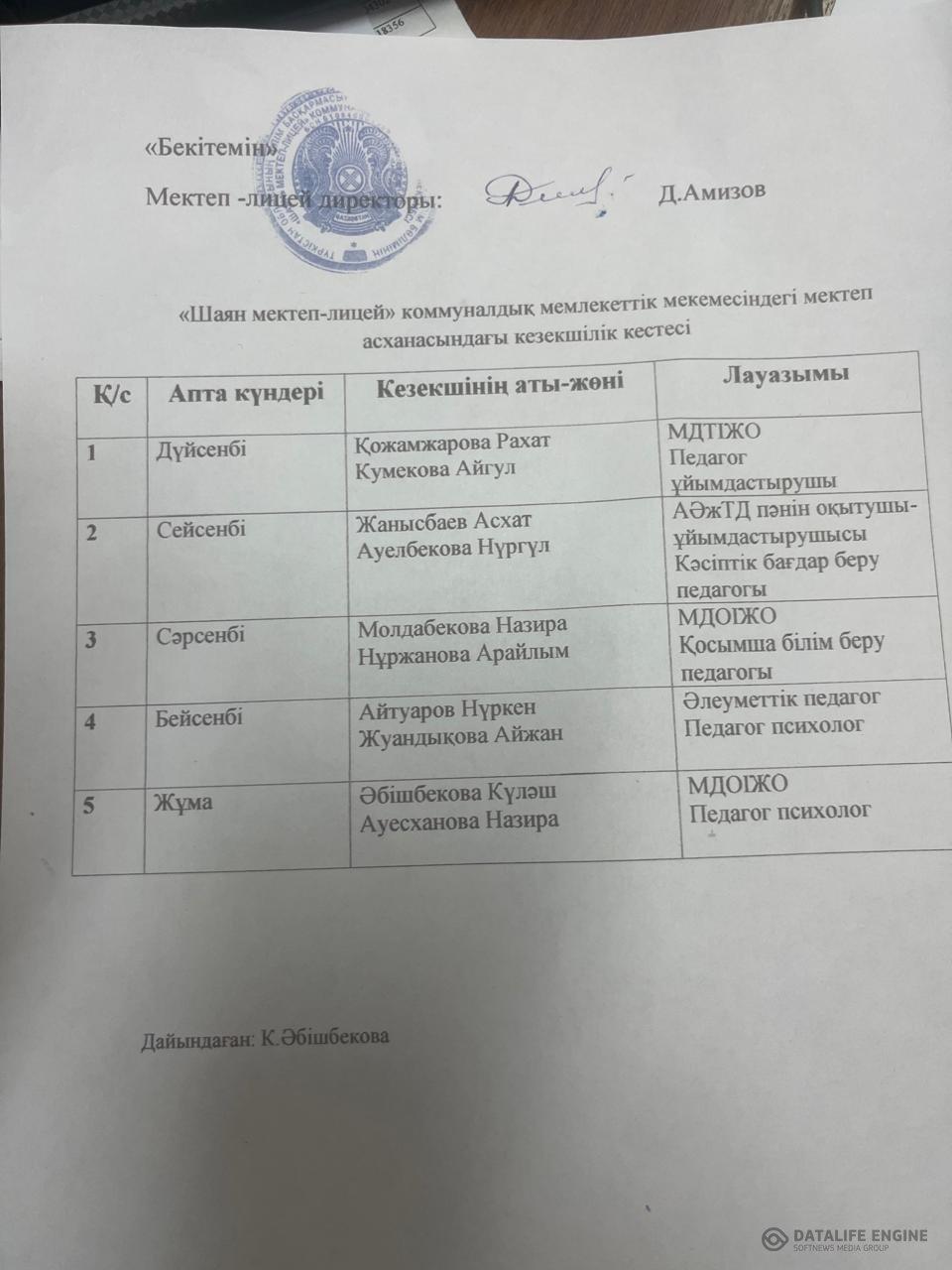 Әкімшілік құраммен кезекшілік кестесі